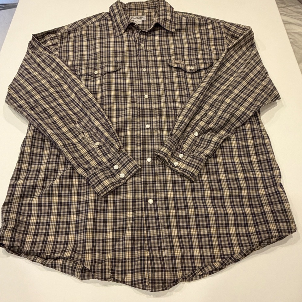 Carhartt Men L Brown Plaid Pearl Snap Western Shirt Ranch Workwear Cotton